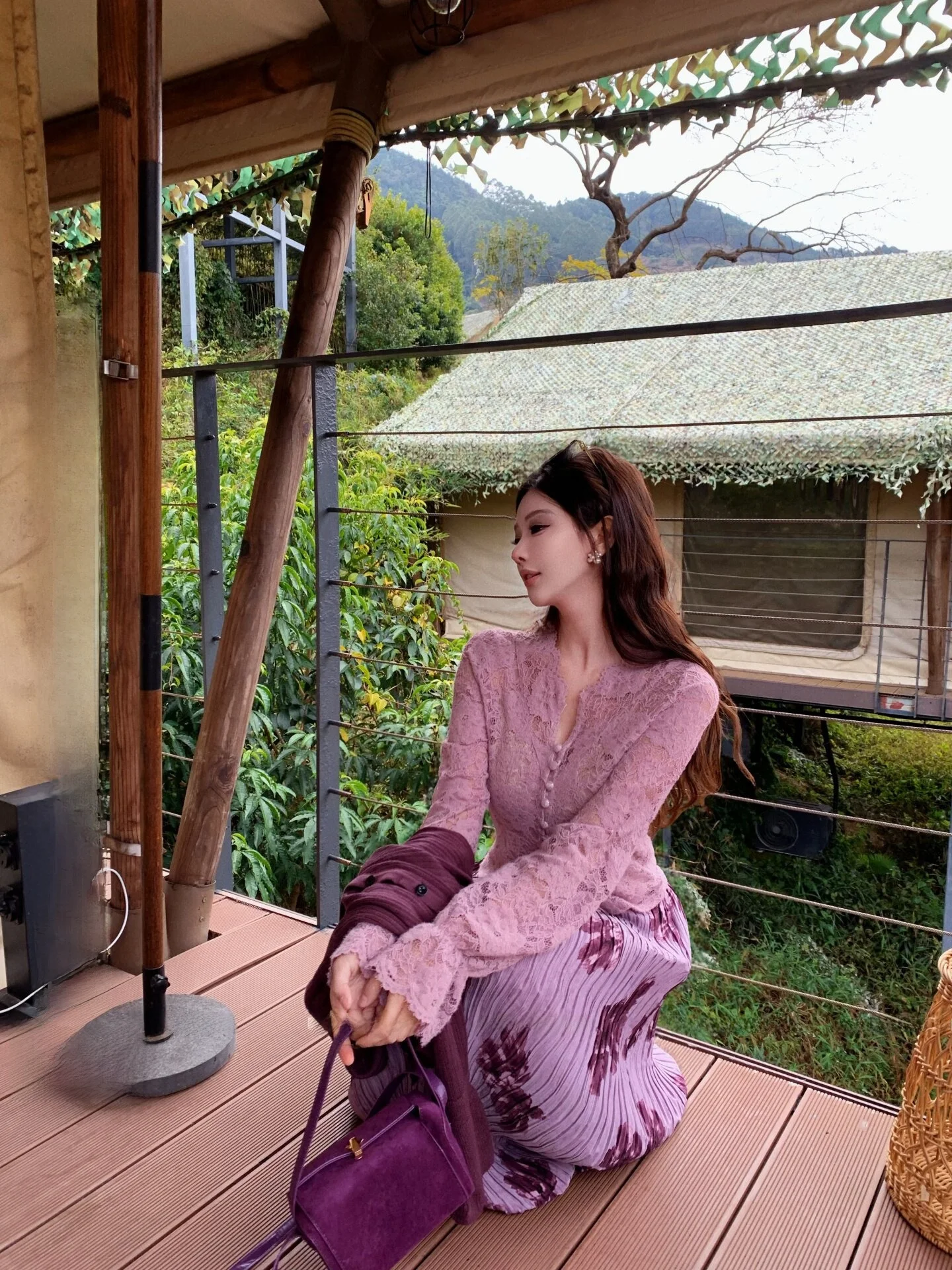 

Neadada Unique Beautiful Thin Lace Knitted Sweater Women's Design Sensation P Purple Nylon Long Sve round Ne Coat