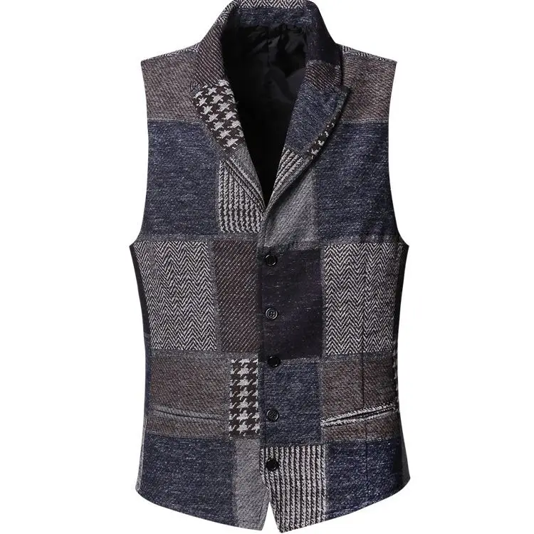 

2024 Plaid Suit Vest Men Vintage Patchwork Notch Lapel Waistcoat Slim Fit Casual Fashion Wedding Outfit Tops