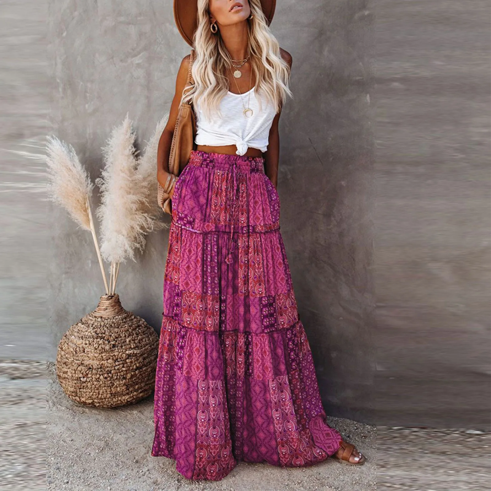 Women\'s long skirt Fashion Bohemian Print Elastic Waist Skirt Loose Casual High Waist Tie Long Skirts Loose and comfortable saia
