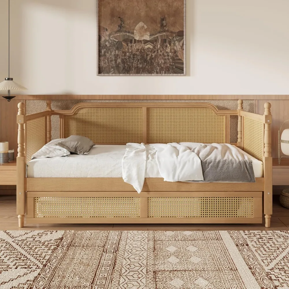 Traditional Style Rattan Twin Size Daybed, Wood Daybed with Trundle for Small Space Guestroom, No Box Spring Needed, Antique Wal image 3