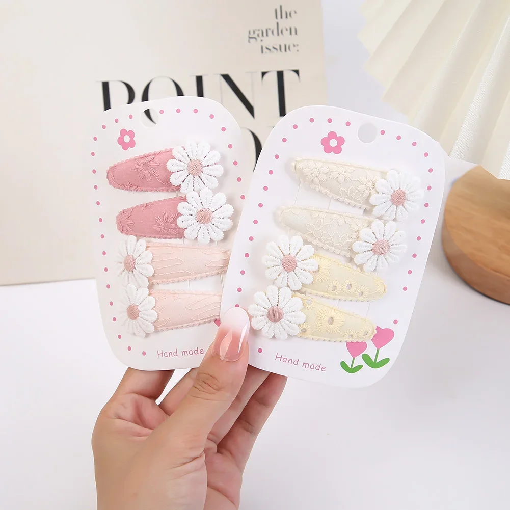 Juego de 4 Pinzas para el Cabello con Diseño de Margaritas, Pinzas para el Cabello de Princesa para Niñas, Pinzas para el Cabello Bordadas a Cuadros, Pinzas para el Cabello Infantiles, Accesorios para el Cabello
