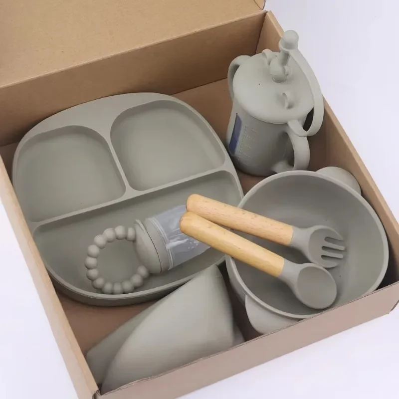 

Baby Silicone Tableware Plate Bowl Straw Cup Bib Silicone Fruit Cup Spoon Fork Feeding Set