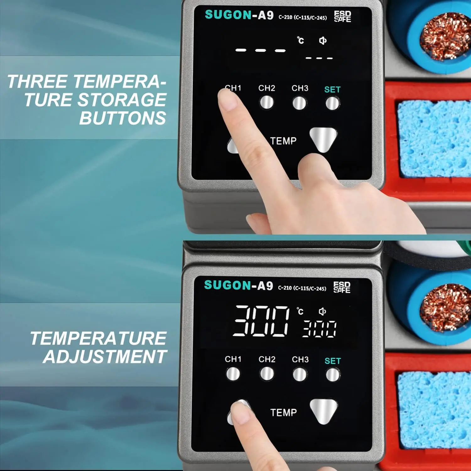 Estación de soldadura digital SUGON A9 245, calentamiento rápido 3s, 110 V, 6 puntas, 212-842 ℉ , Estante de repuesto