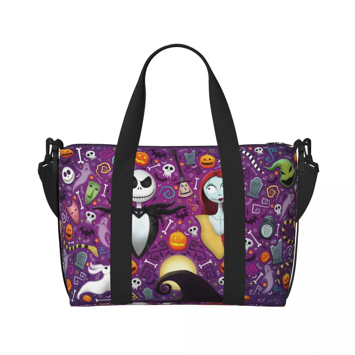 Custom The Nightmare Before Christmas Beach Tote Bag for Women Halloween Tim Burton Big Compartment Beach Gym Travel Bags