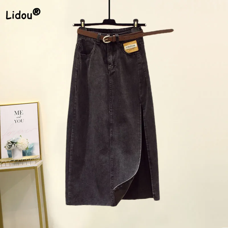 2023 New Korean Fashion A-Line Solid Color Denim Skirt Women\'s Clothing Summer Vintage High Waist Split Midi Skirts for Female