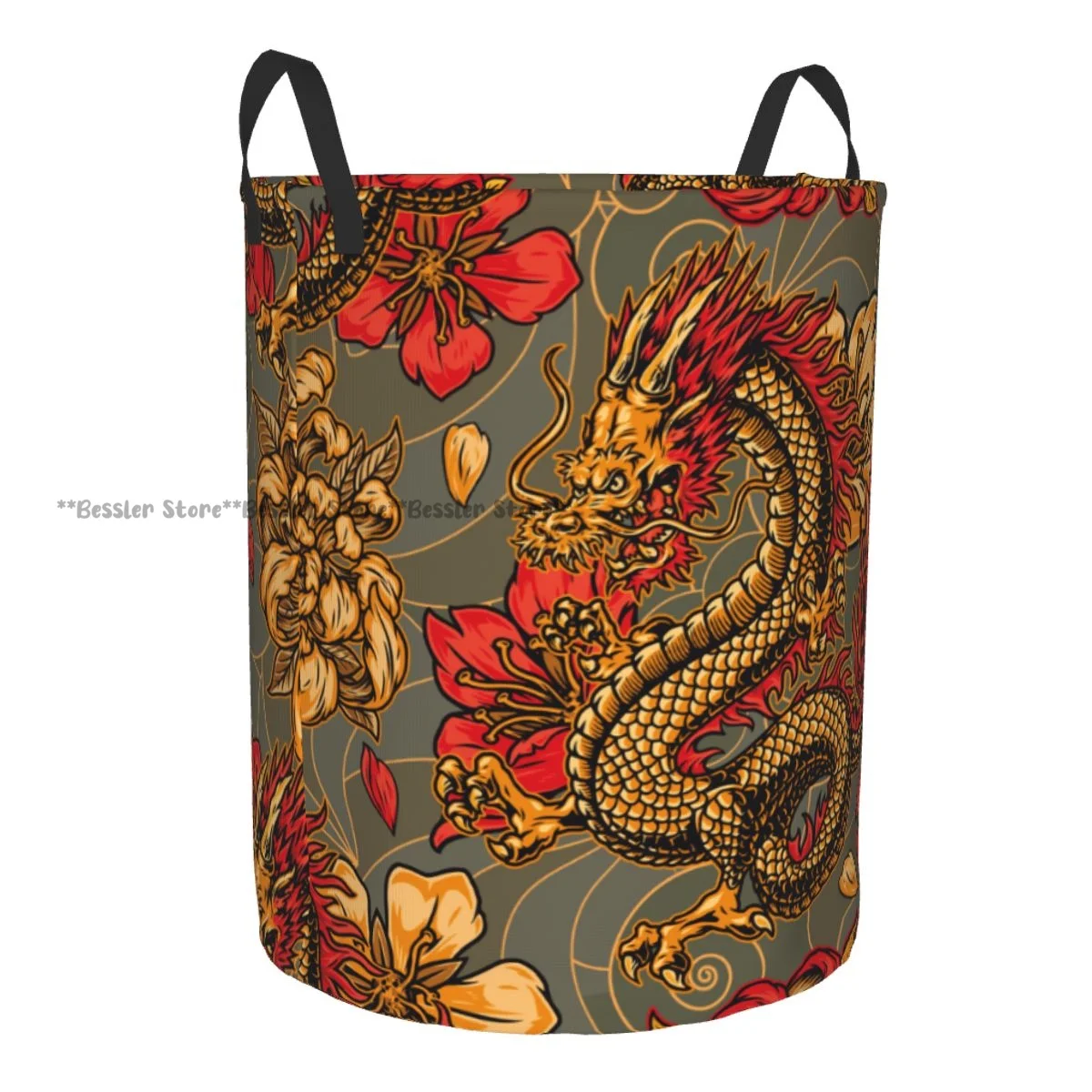 Laundry Basket Japanese Vintage Dragon Chrysanthemum Round Storage Bin Collapsible Hamper Clothes Bucket Organizer