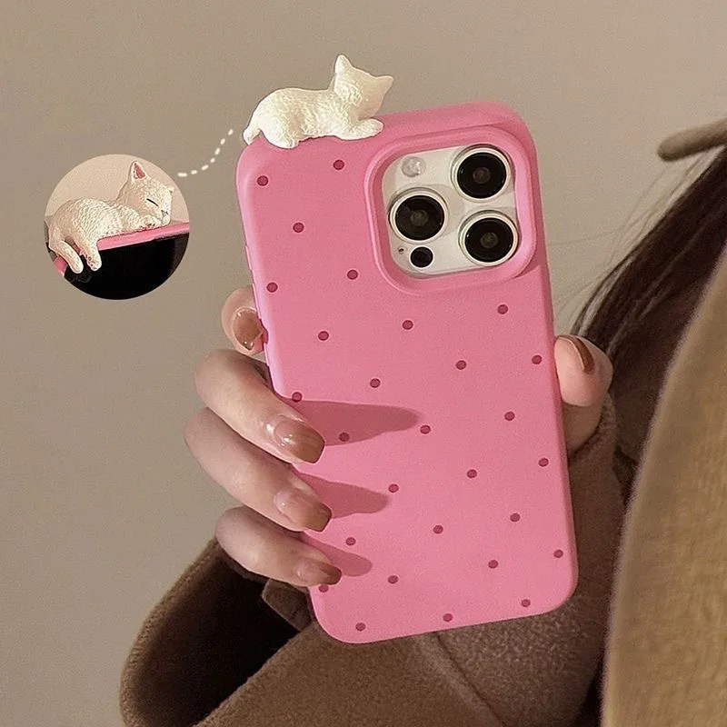 Niedliche Cartoon 3D-Katzen-Dekorations-Handyhülle mit Polka-Dot-Muster für iPhone 16 17 18 Pro Max Hülle iPhone 15 14 Plus 12 13 11 Pro Max Cover – Detail 2