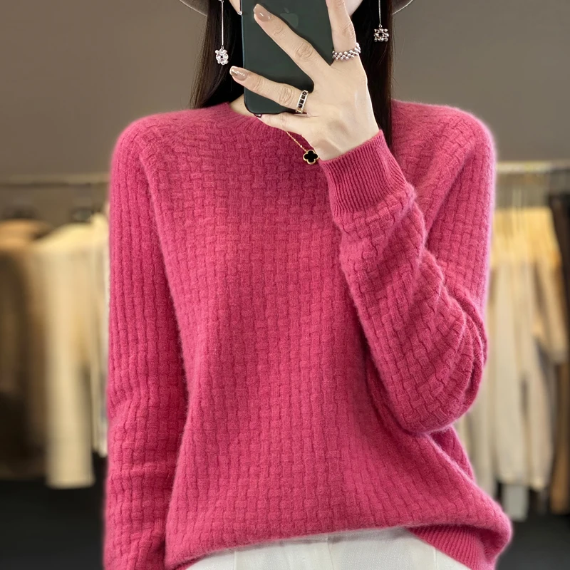 100% Merino Wool Sweater Women\'s O-neck Pullover Loose Knit Underlay Fashion Long Sleeve Cashmere Top in Autumn and Winter