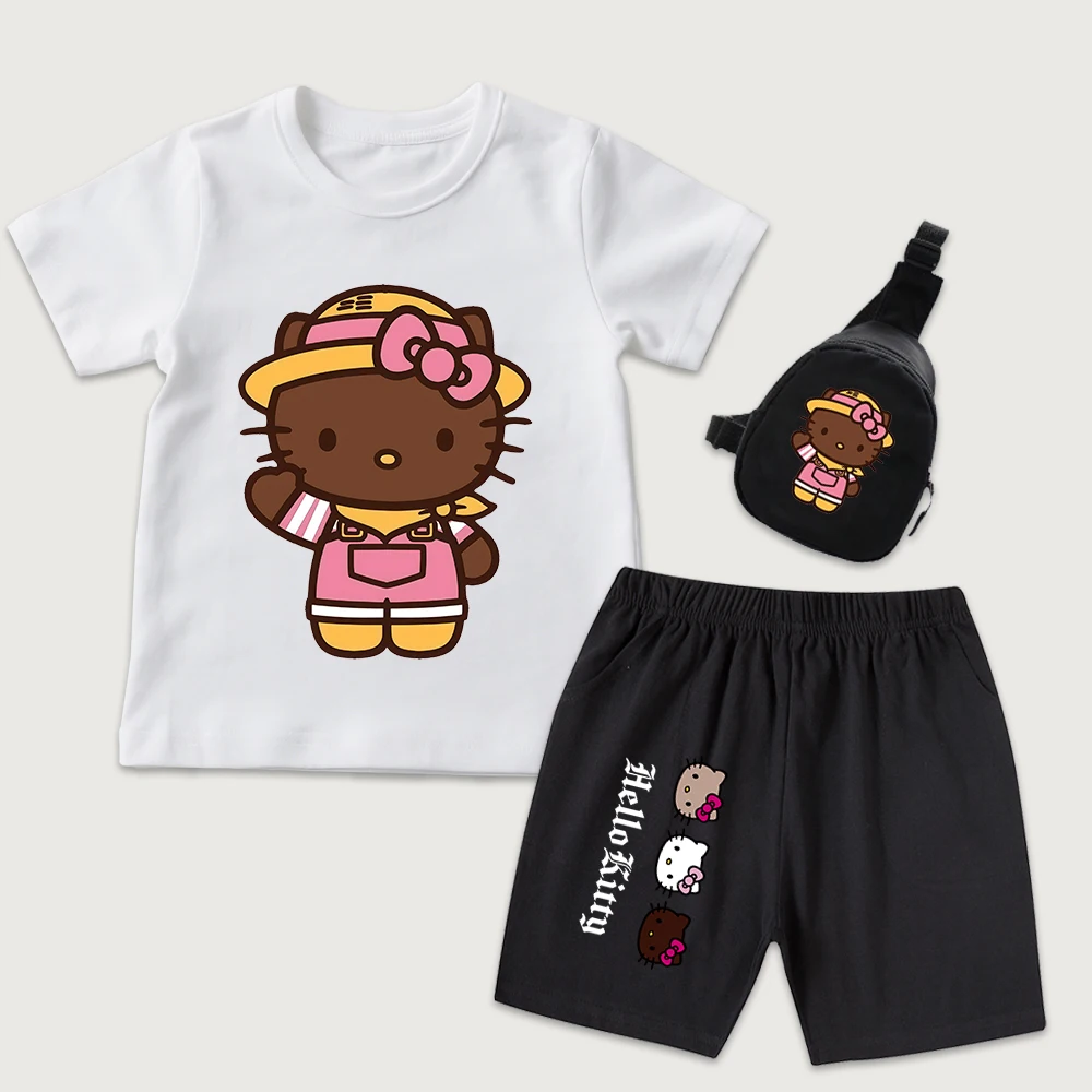 

Детская хлопковая футболка с принтом Hello Kitty Summer Worker, шорты, мини-сумка на грудь, комплект из 3 предметов для мальчиков и девочек, повседневная одежда