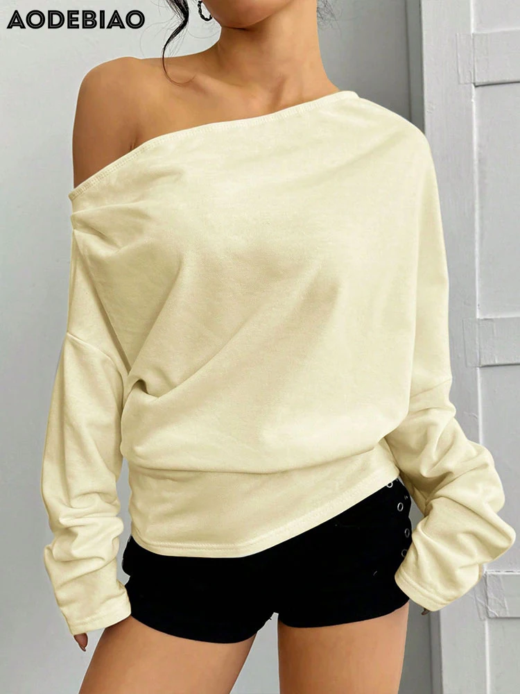 AODEBIAO Women Hoodie Autumn Long Sleeves Fashion Solid Loose Basic Top Sexy Off-shoulder Casual Simple Hoodie Women Streetwear