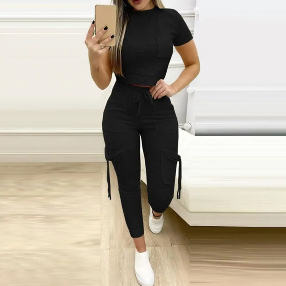 

Stylish Skin-touching Women Pure Color Crop Top Drawstring Sweatpants Set O-neck Breathable Sports Outfit Daily Garment