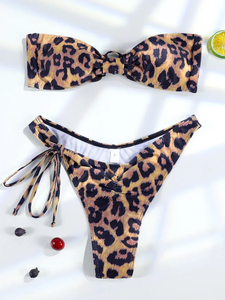 Seksowne bikini damski dwuczęściowy strój kąpielowy Leopard kostiumy kąpielowe Off ramię stroje kąpielowe mikro stringi Biquini bandażowe kostiumy kąpielowe kobieta