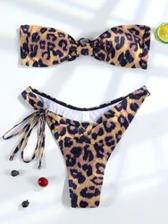 Seksowne bikini damski dwuczęściowy strój kąpielowy Leopard kostiumy kąpielowe Off ramię stroje kąpielowe mikro stringi Biquini bandażowe kostiumy kąpielowe kobieta