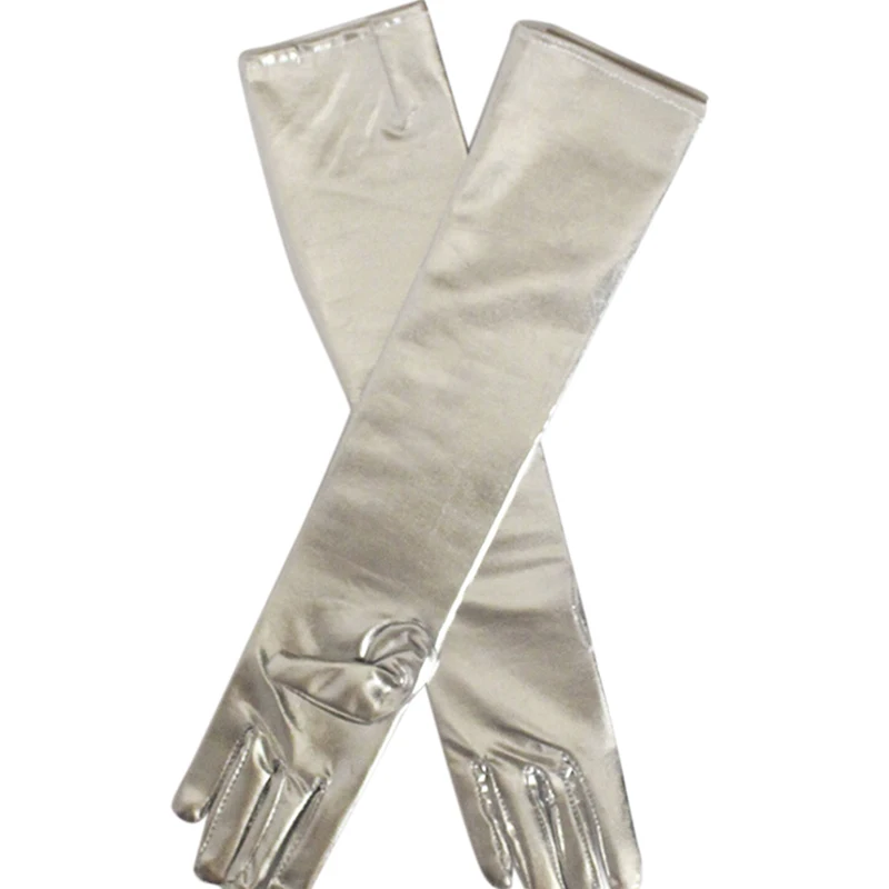 Gold Silver Wet Look Fake Leather Metallic Gloves Evening Party Performance Mittens Women Sexy Elbow Length Long Latex