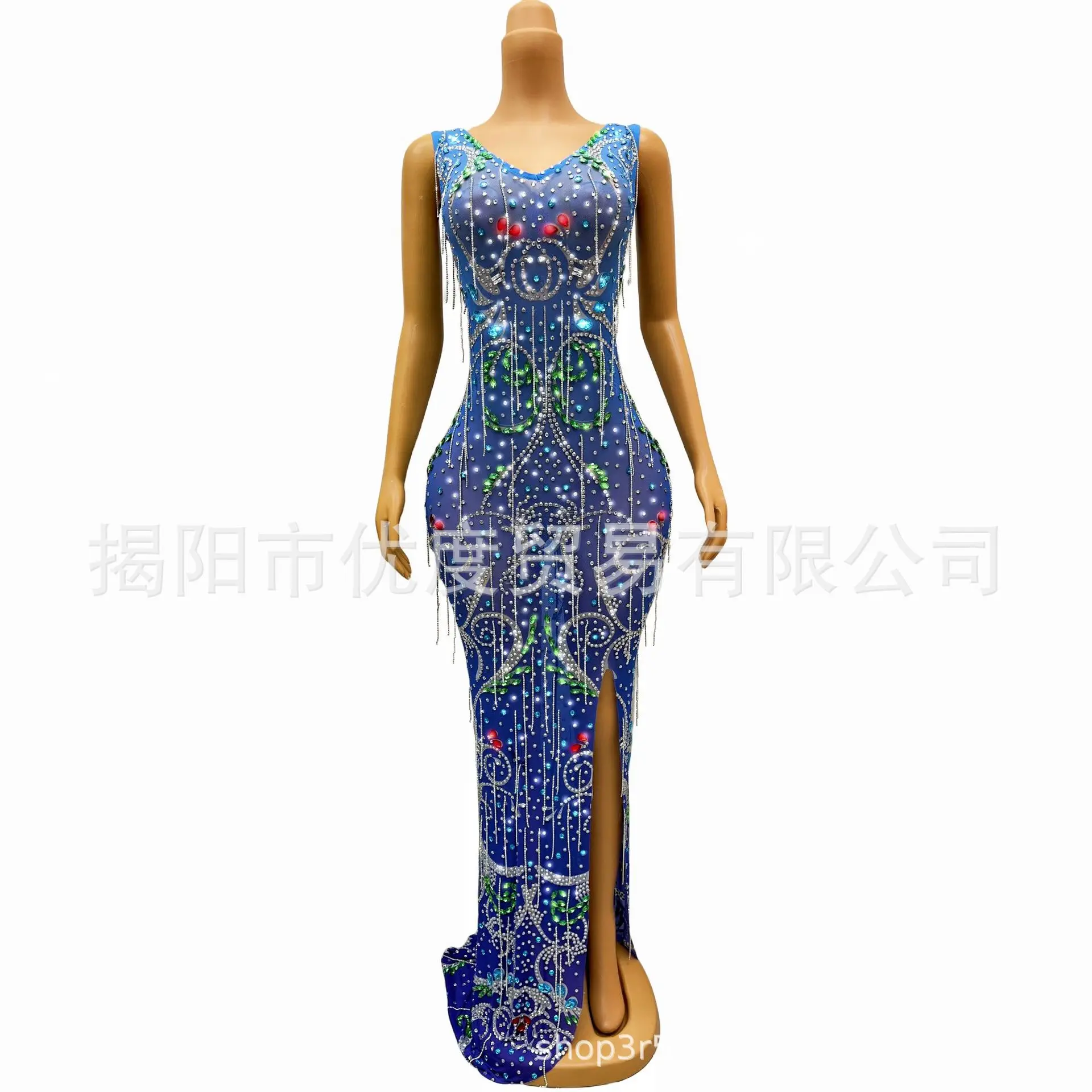 

Длинная ромбовидная цепочка с разрезом спереди Яркое сетчатое платье со стразами Коктейльная вечеринка Ночное выступление на сцене Длинный хвост Феникса Ever Pretty