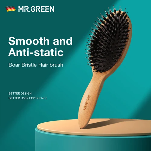 MR.GREEN-cepillo de pelo de cerdas de jabalí, peine de haya Natural, cepillo para el pelo rizado, grueso, largo, seco, húmedo, desenredante, cepillos de masaje para mujeres