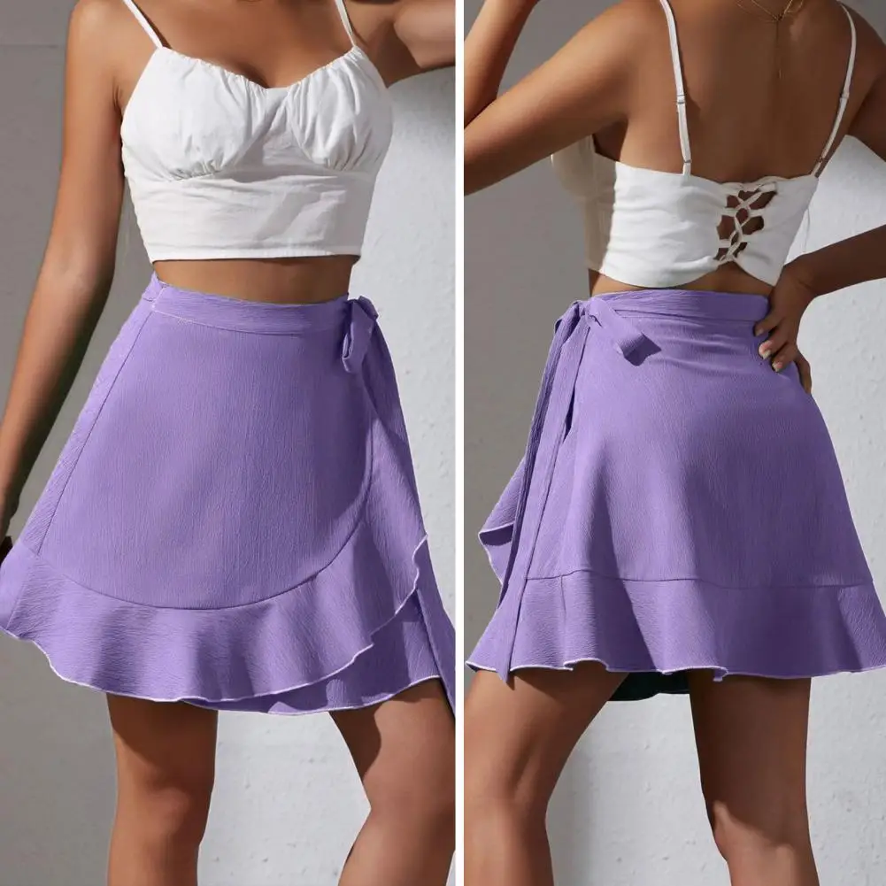 Women Mini Skirt Lace Up Ruffles Bow-knot High Waist Chiffon Short Skirt Solid Color Casual Comfy Fashion Versatile 2024