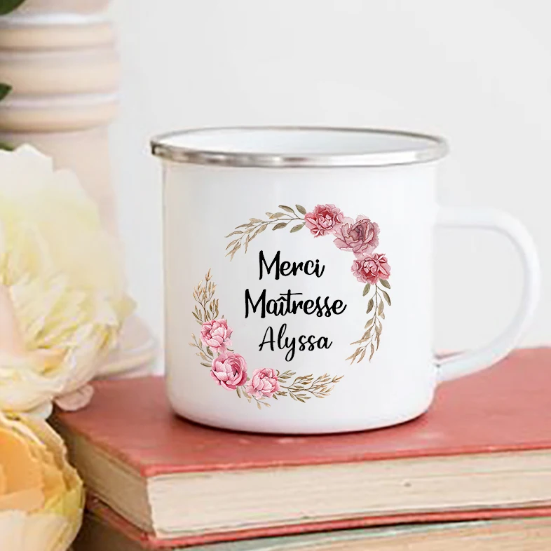 Personalized French Print Mugs Custom Name Coffee Cups Drink Water Milk Cup Enamel Mug School Home Handle Drinkware Teacher Gift