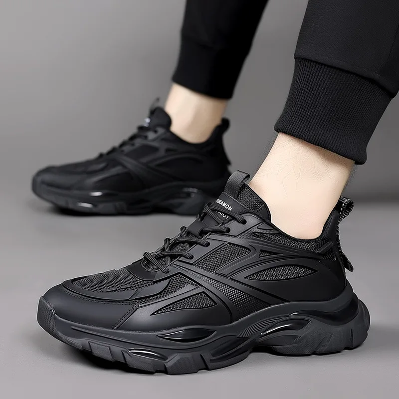 Men Shoes All-match Solid Color Sports Shoes Fashion Casual Lace-up Running Shoes Genuine Leather Mesh Patchwork Running Shoes