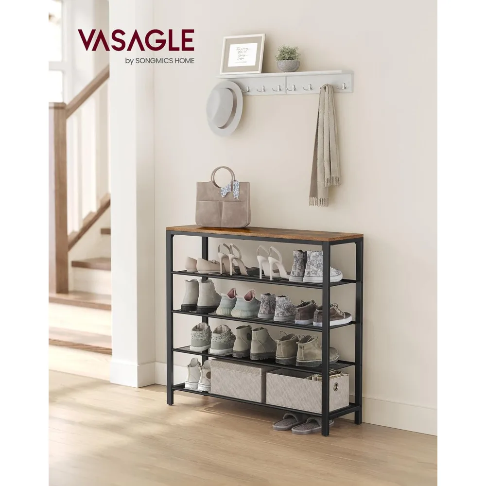 

Shoe Rack, 5-Tier Shoe Storage Organizer with 4 Metal Mesh Shelves for 16-20 Pairs and Large Surface for Bags, for Entryway