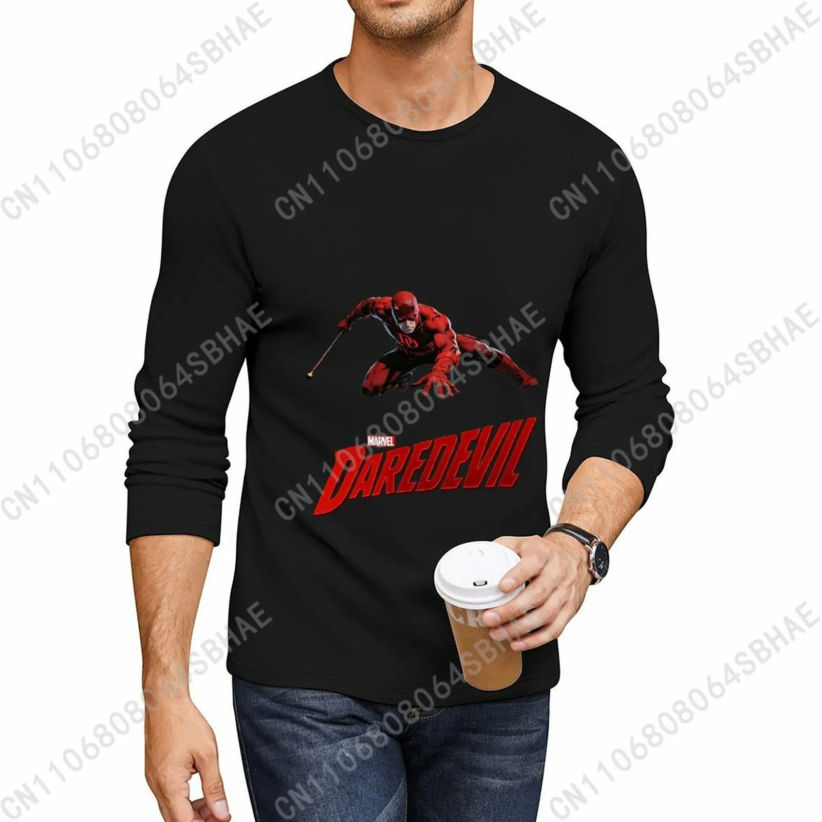 

Marvel Daredevil Custom Long Sleeve Tee Men Crewneck Casual T-Shirt Spring Fall Lightweight Cotton Top Daily Cosplay