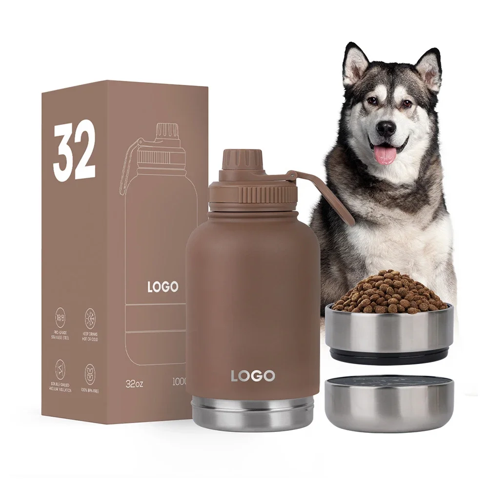 

3 in 1 Multifunction Stainless Steel Pet Bowl Water Bottle with Lid for Water and Food