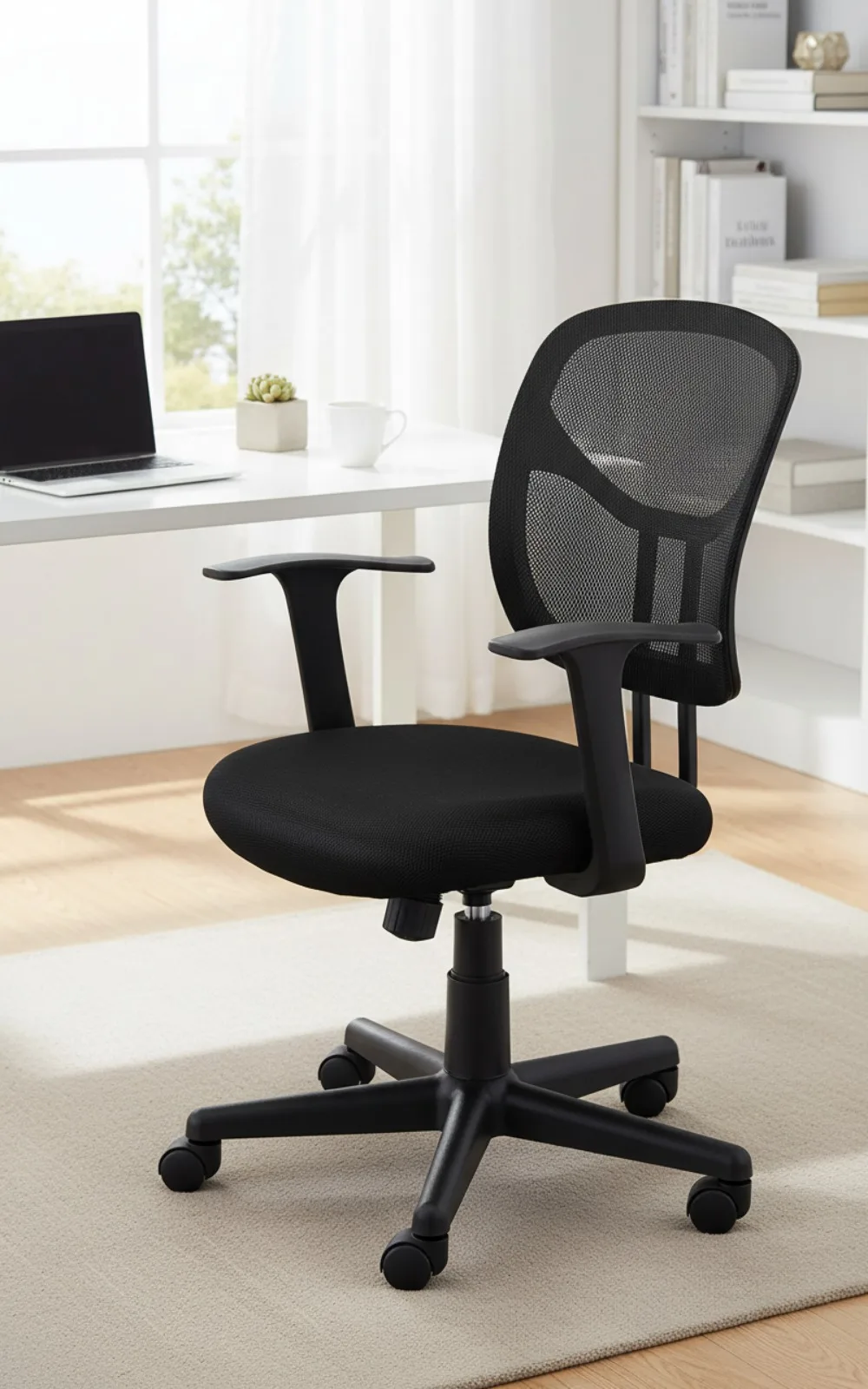 

Офисное кресло с сетчатой регулировкой средней спинки и поворотным механизмом, подлокотниками, поясничной опорой — простая сборка, черный