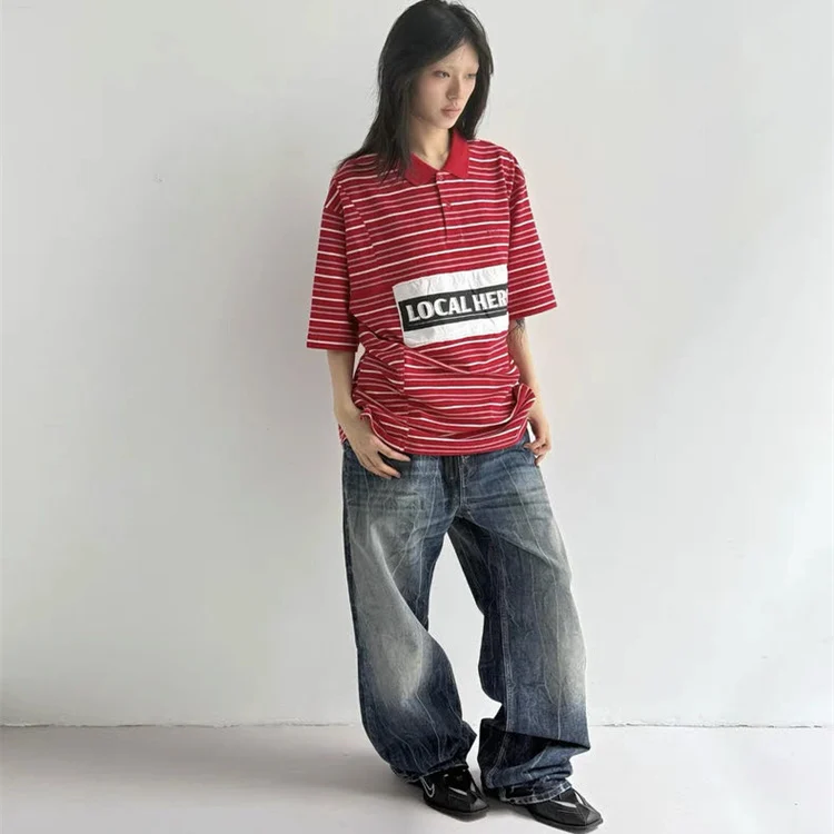 

e Rose 25SS Red Stripe ort Sve Vintage Fooall Patchwork T-irt ex Loose Fit Youth Faion Spring Colle...