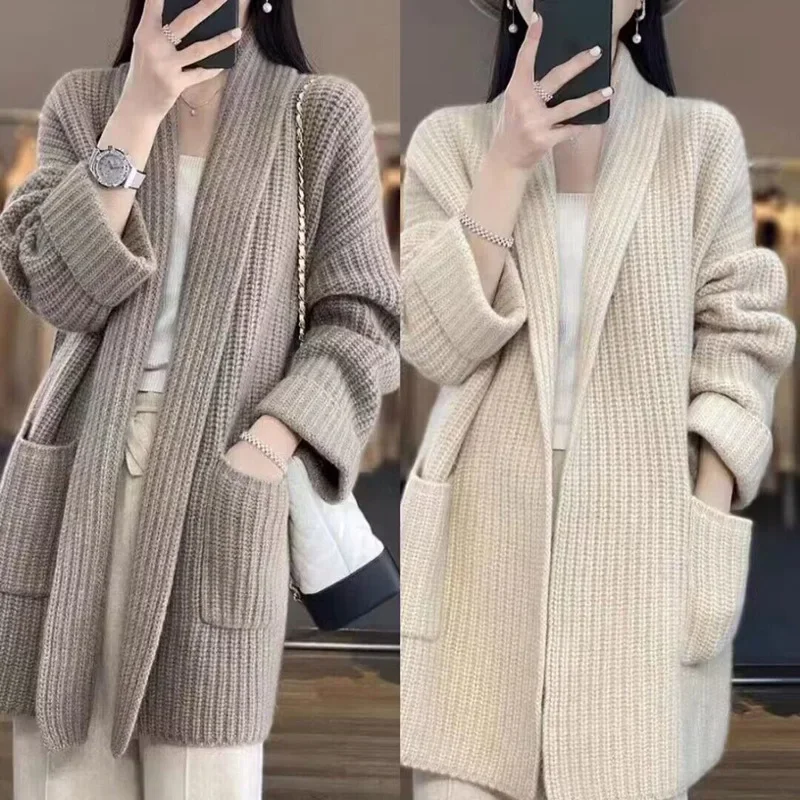 

Lazy Style Thick Thread Plus Size Sweater Cardigan Temperament Medium Long Loose Knit Thick Coat Women's Fashion Sweaters
