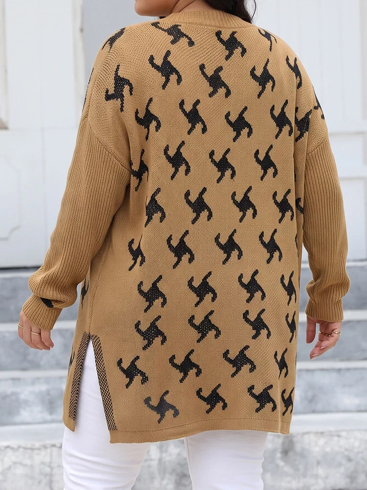 GIBSIE Plus Size Side Slit Jacquard Knitted Long Cardigan Women's Autumn and Winter Long Sleeve Loose Sweater Jacket 2026 New
