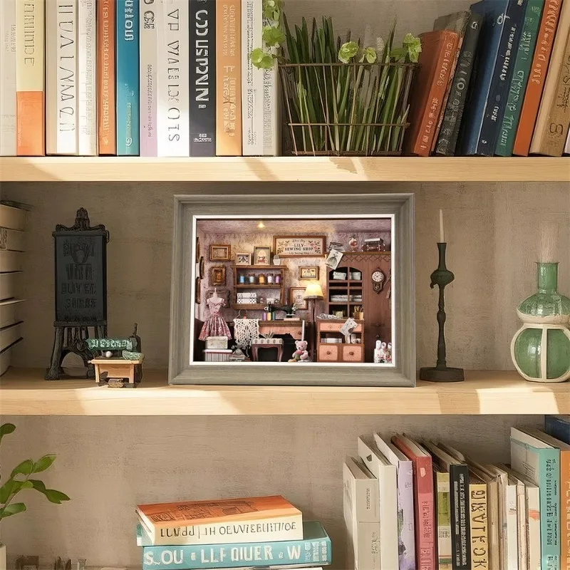 Sewing machine studio hand-assembly DIY cabin miniature creative gift building block toy decoration gift for friends