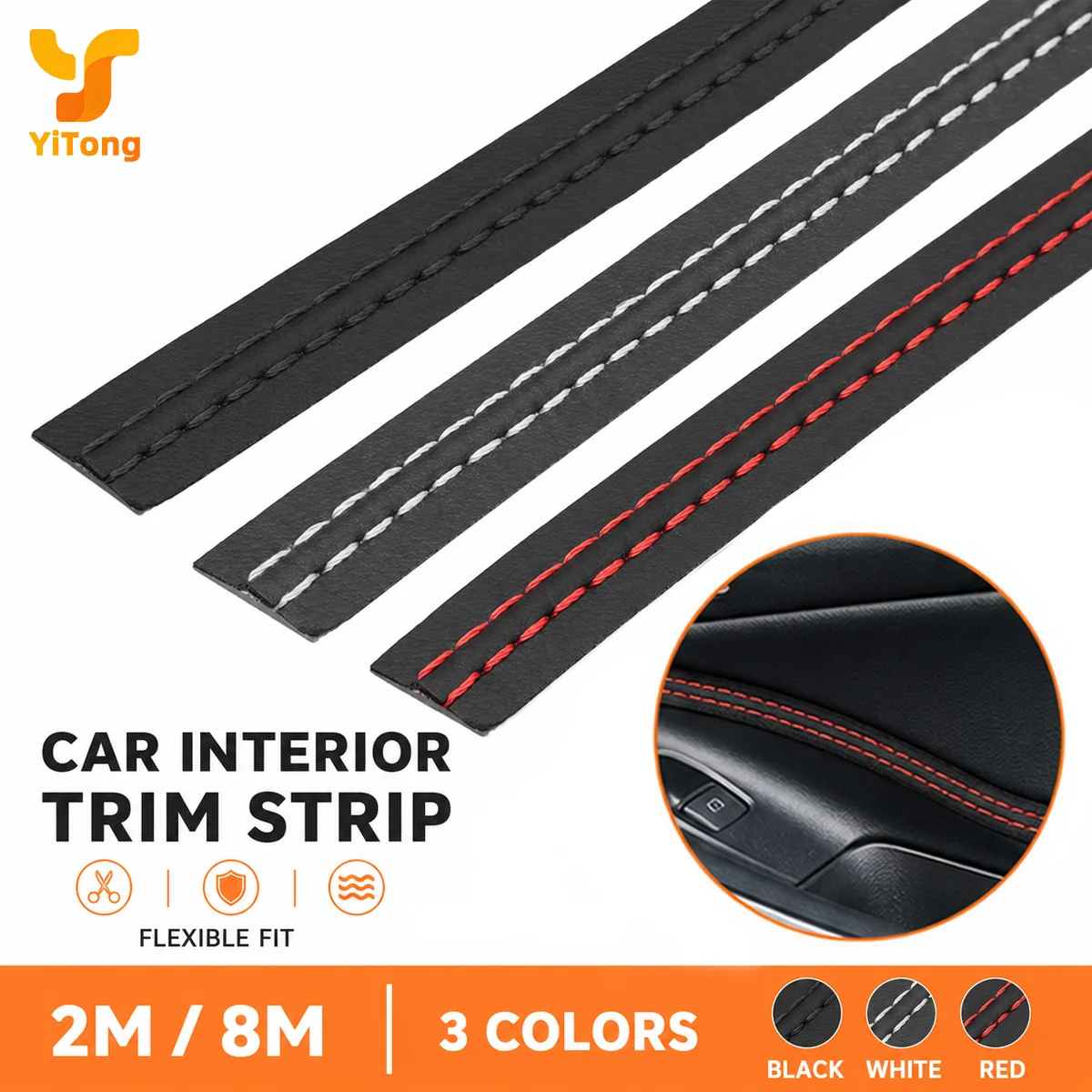 Yitong 2/8M Auto-Innendekor-Zierleiste, selbstklebend, im Stich-Stil, Leder-Styling-Linie für Armaturenbrett, Türverkleidung, Konsole