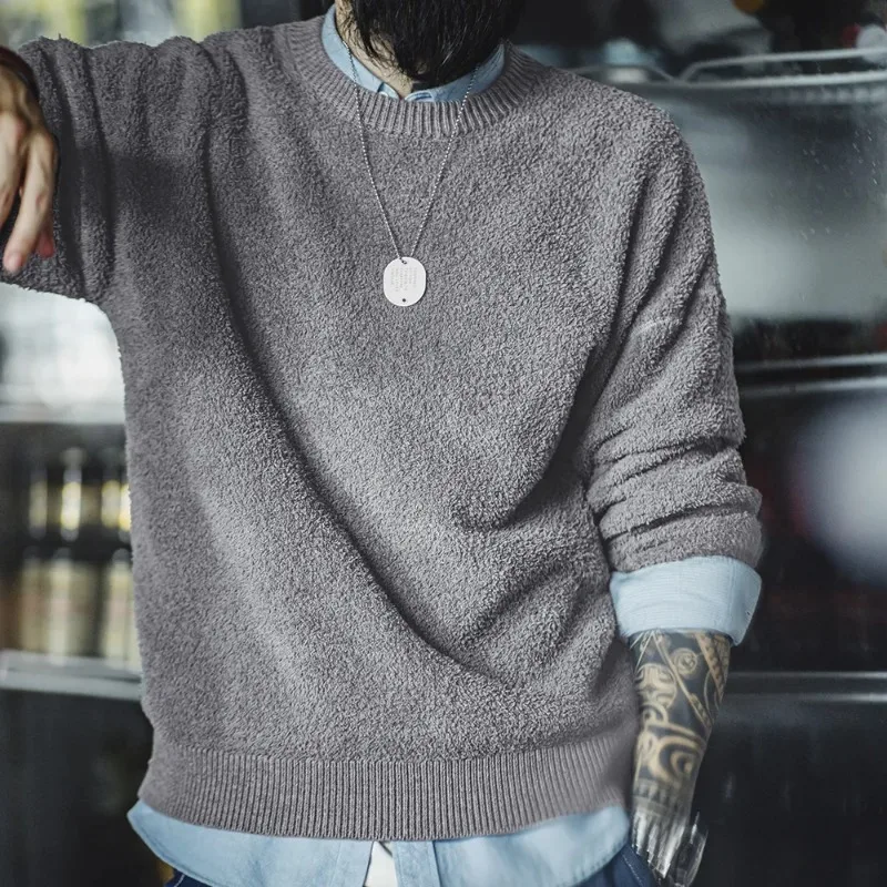 Спецодежда, полубархатный свитер с круглым вырезом в американском стиле ретро, пуловер в ленивом стиле, серый бархатный теплый топ, мужской осенний