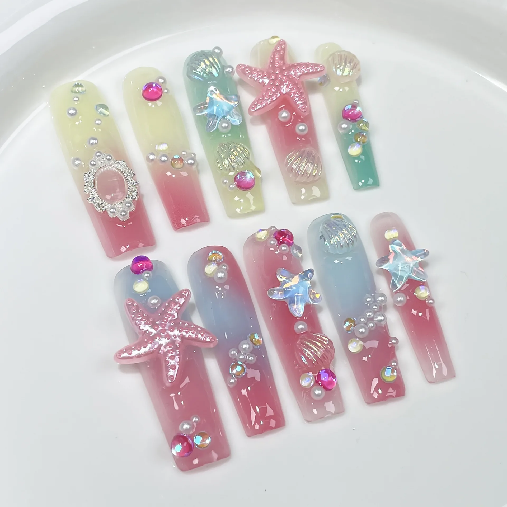 Rainbow Gradient Irregular Press On Nails Handmade Ocean Starfish Shell Pearl Extra Long Fake Nail Patches Removable