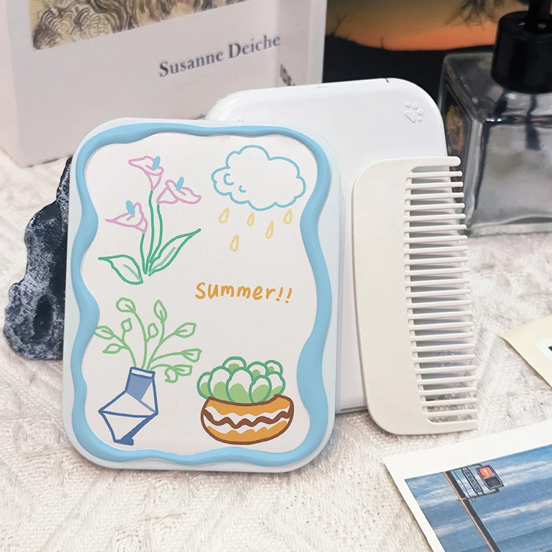 Cute Cartoon Botany Folding Clamshell Mirror Makeup Mirror With Comb Portable Creative For Women Girls Handheld Mirror ﻿
