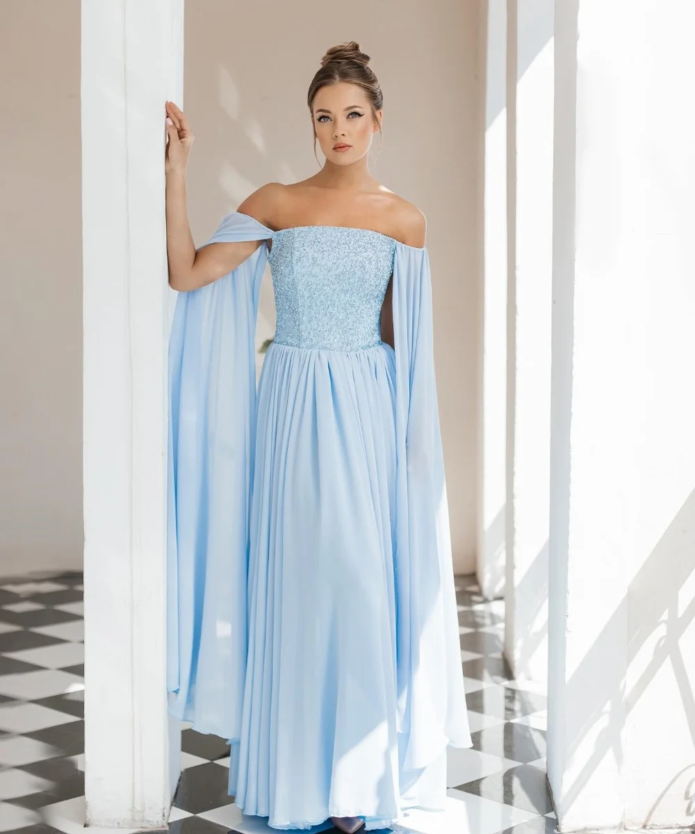 

Customized Matching Chiffon Sequined A-line Off-the-shoulder Long Dresses Bespoke Occasion Elegant Exquisite