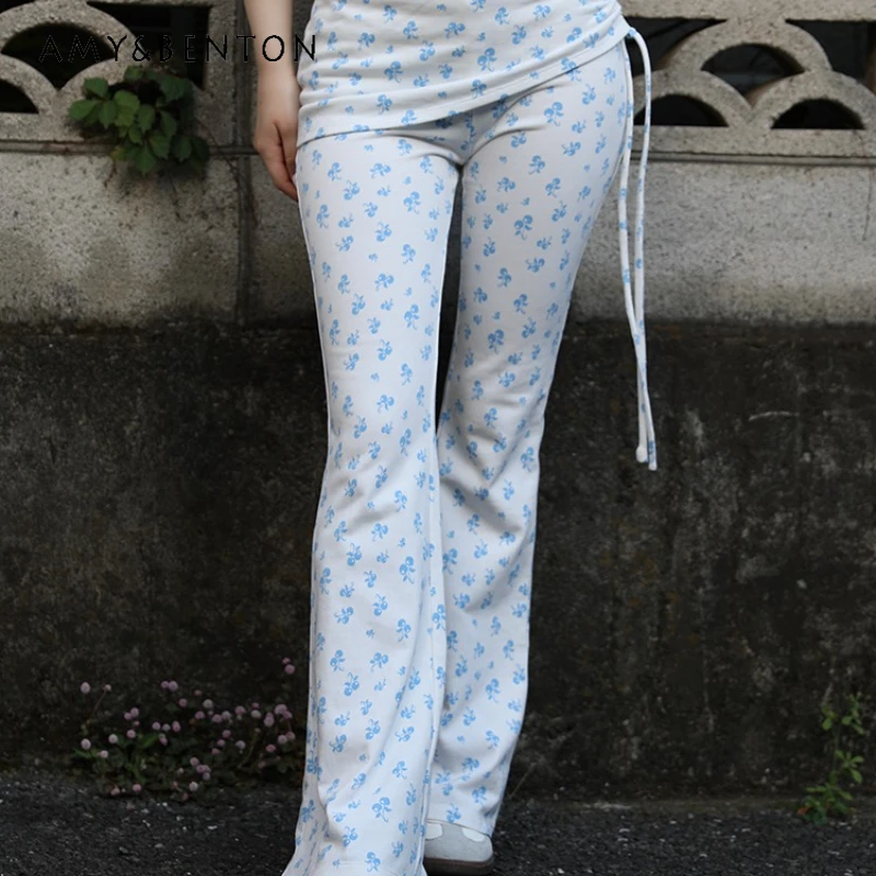 

Original Blue Fruit Print Fake 2-Piece Knitted Casual Women's Bell-bottoms Spring Summer Slimming Versatile Long Pants Ladies