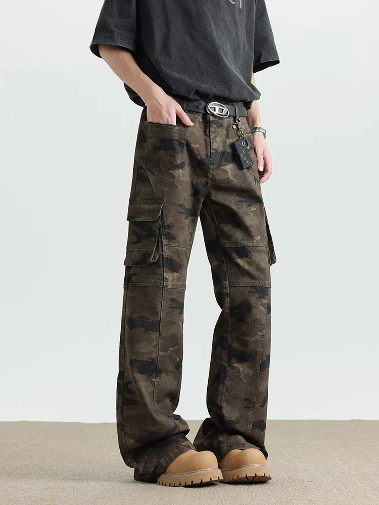 

Ретро-джинсы в американском стиле с камуфляжным принтом для мужчин и женщин, весна-осень, прямые, слегка расклешенные, зауженные, из денима, длинные брюки