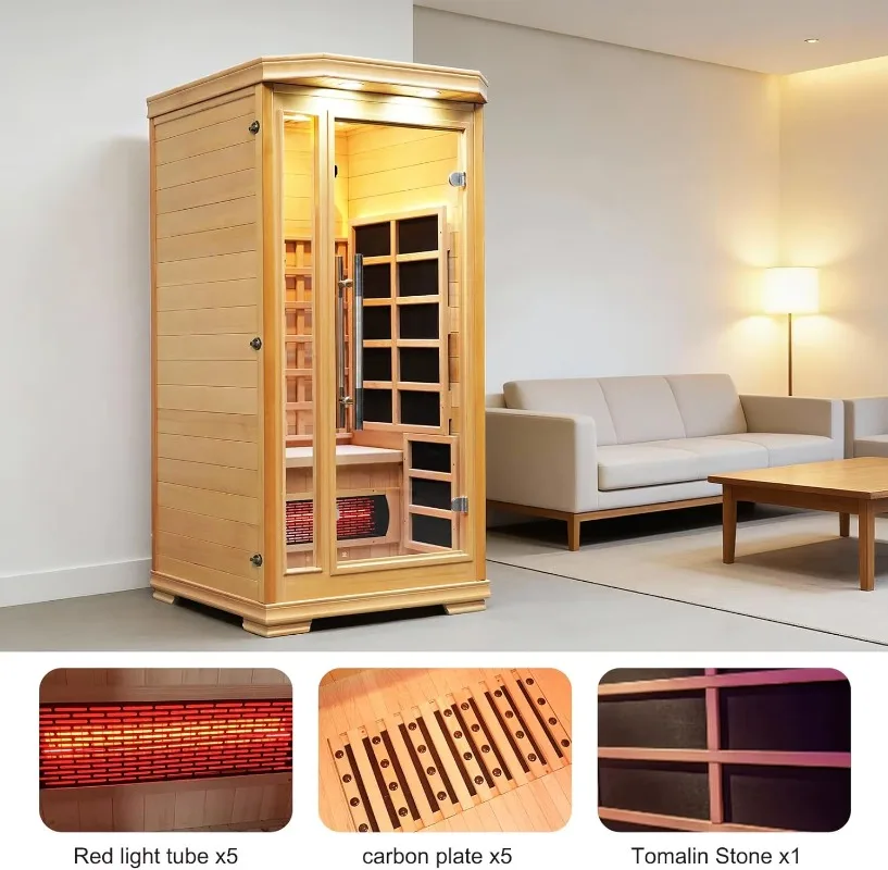Red light far-infrared sauna heater, Canadian cedar wood dry indoor sauna heater, with LCD panel control and speaker.