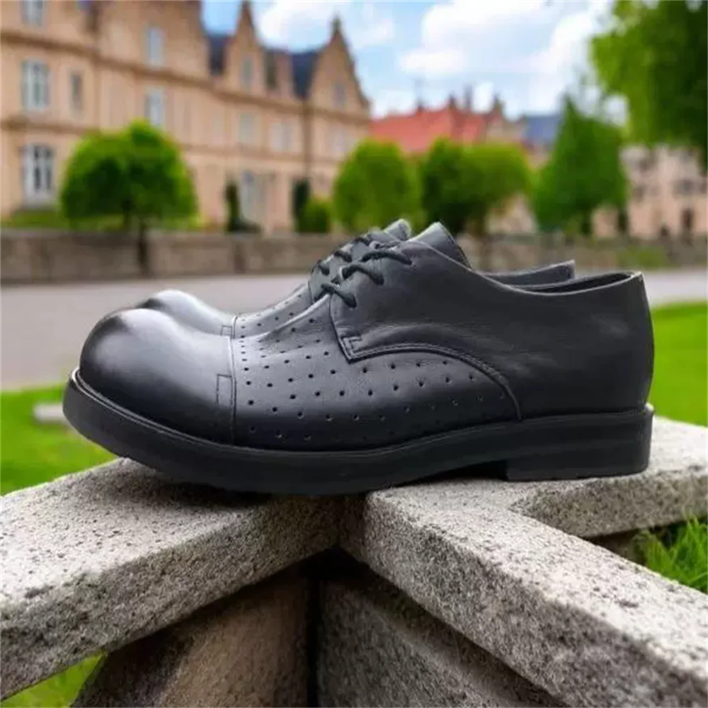 Summer Men's Shoes High-Waisted Leather Breathable Handcrafted Business Casual Round Toe Thick Heel Solid Color Lace Up Shoes