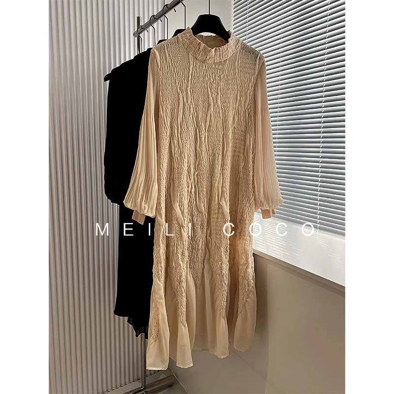 

ALSEY 2024 Autumn New Pleated Slim Solid Color Women's Dresses Fashion Design Long Sleeve Standing Collar Long Dresses