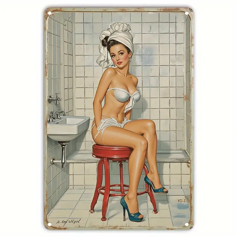 Vintage Pin-Up Girl Retro Tin Sign - Durable Iron Wall Decor with Pre-Drilled Holes & Rounded Corners for Home, Bar, Cafe, Garag