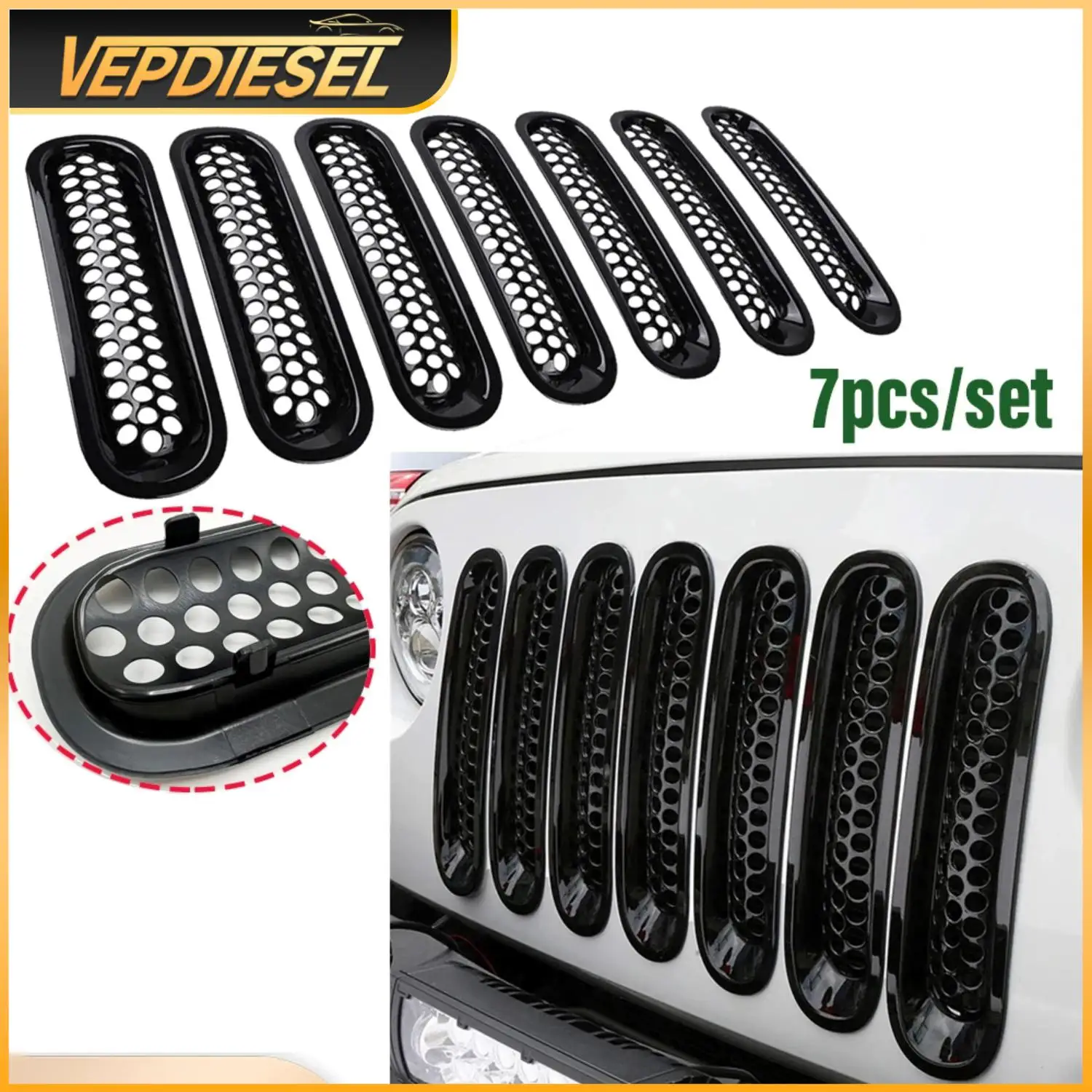 

7pcs Front Grille Mesh Inserts Trim Car Clip-in Grille Cover Guard For Jeep Wrangler JK 2007-2017 Auto Exterior Accessories