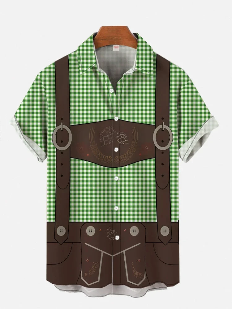 Classic Blue Plaid And Overalls Dress Up Costume Oktoberfest Shirts For Men Fashion Short Sleeve Hawaiian Shirt Beach Blouses