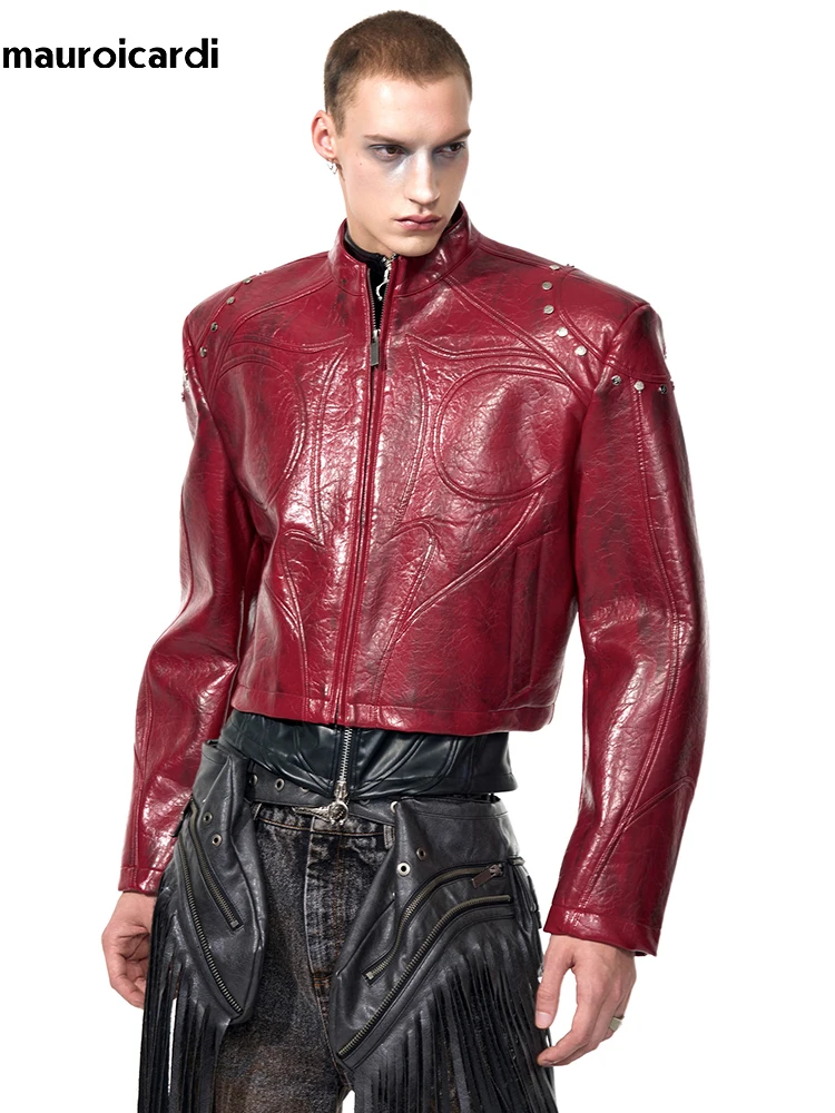 Mauroicardi Spring Autumn Short Pu Leather Motorcycle Jacket Men Rivet Zipper Shoulder Pads Luxury Designer Streetwear Clothing view 5