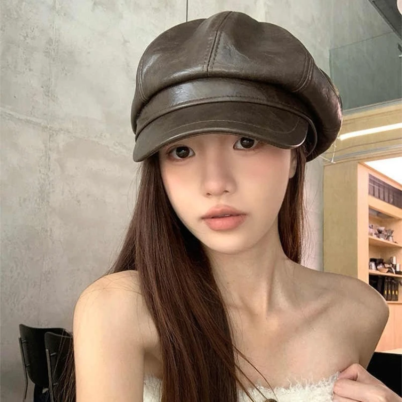 Korean version PU leather duck tongue beret autumn and winter women's high-end British style octagonal hat versatile painter hat
