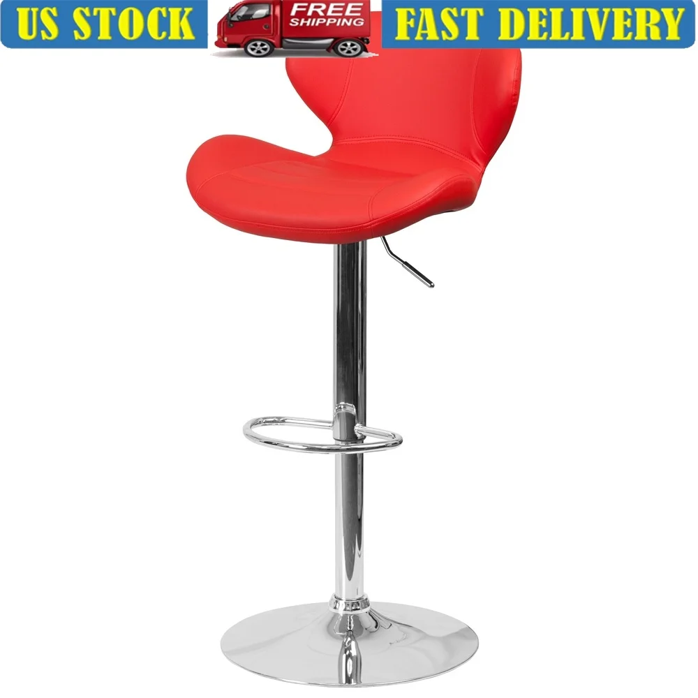 

Contemporary Red Vinyl Adjustable Height Barstool Curved Back Chrome Base Swivel Seat Footrest Dining Kitchen Furniture