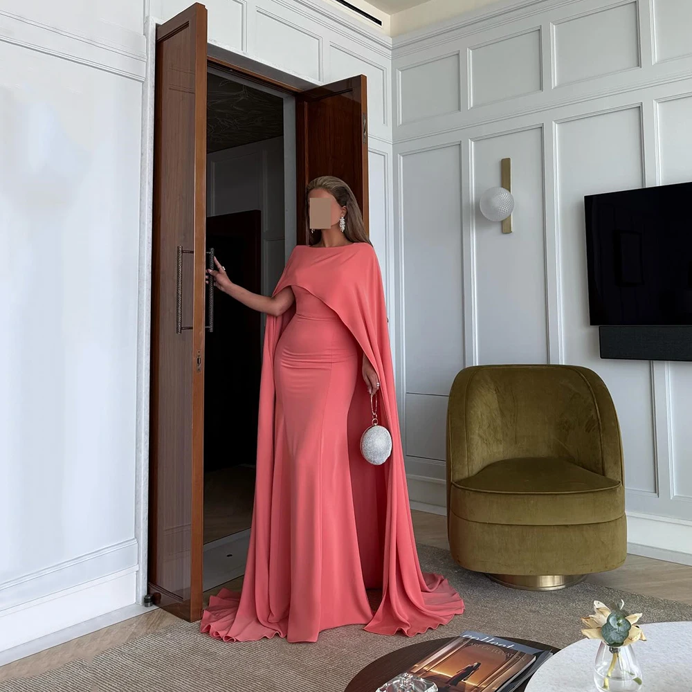 

Customized O-neck With Cape Sleeveless Women's Evening Dress Jersey Sweep Train Mermaid Party Dress Trumpet Floor Length Gown