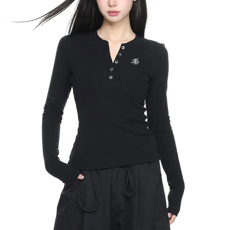 

Fashion Letter Embroidery Slim Pullovers Spring Autumn Long Sleeve Women's Clothing Solid Color Casual O-Neck Button T-shirts