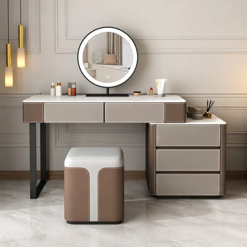 Italian Minimalist Retractable Saddle Leather Rock Slab Dresser Integrated Bedroom Solid Wood Makeup Table 26